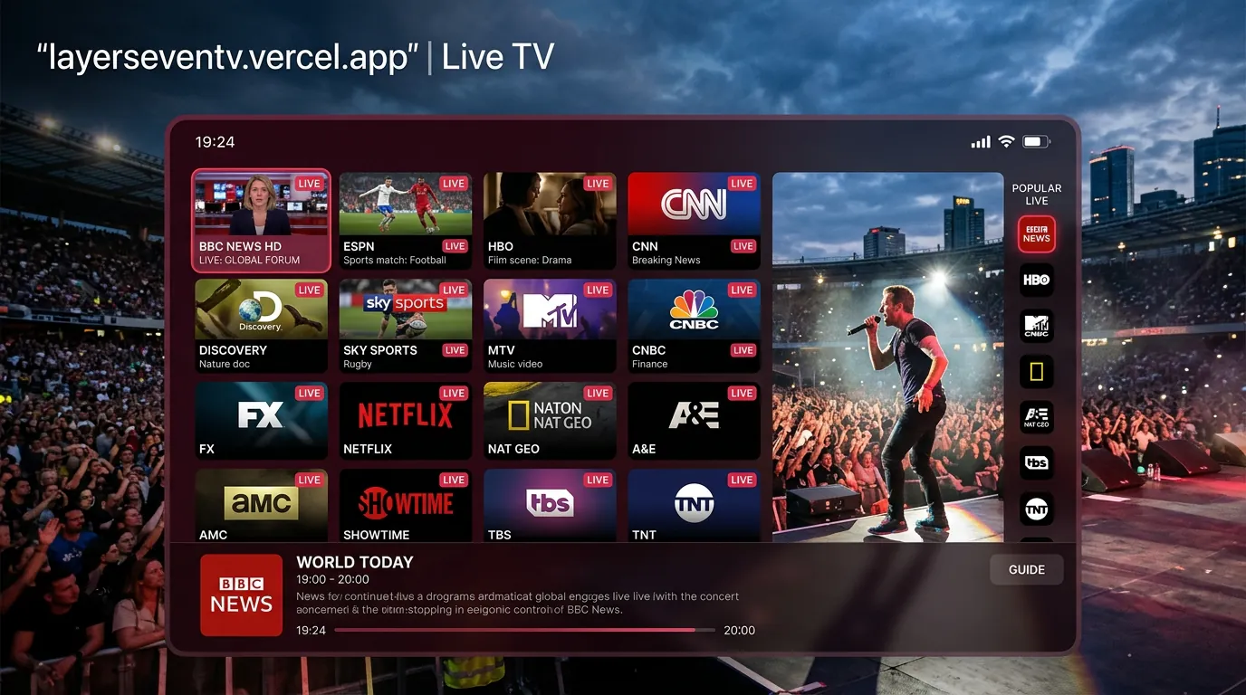 Layerseven TV streaming on a Smart TV with channel grid